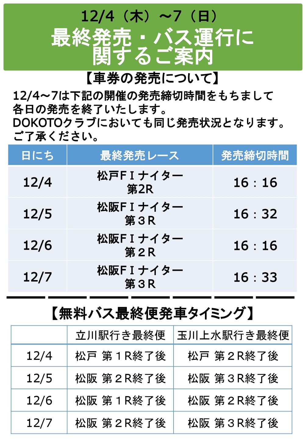 12月4日～7日　最終発売・バス運行に関するご案内
